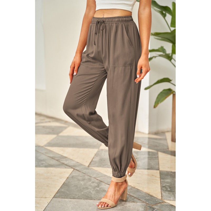 Brown Drawstring Elastic Waist Pull-on Casual Pants with Pockets Brown Drawstring Elastic Waist Pull-on Casual Pants with Pockets