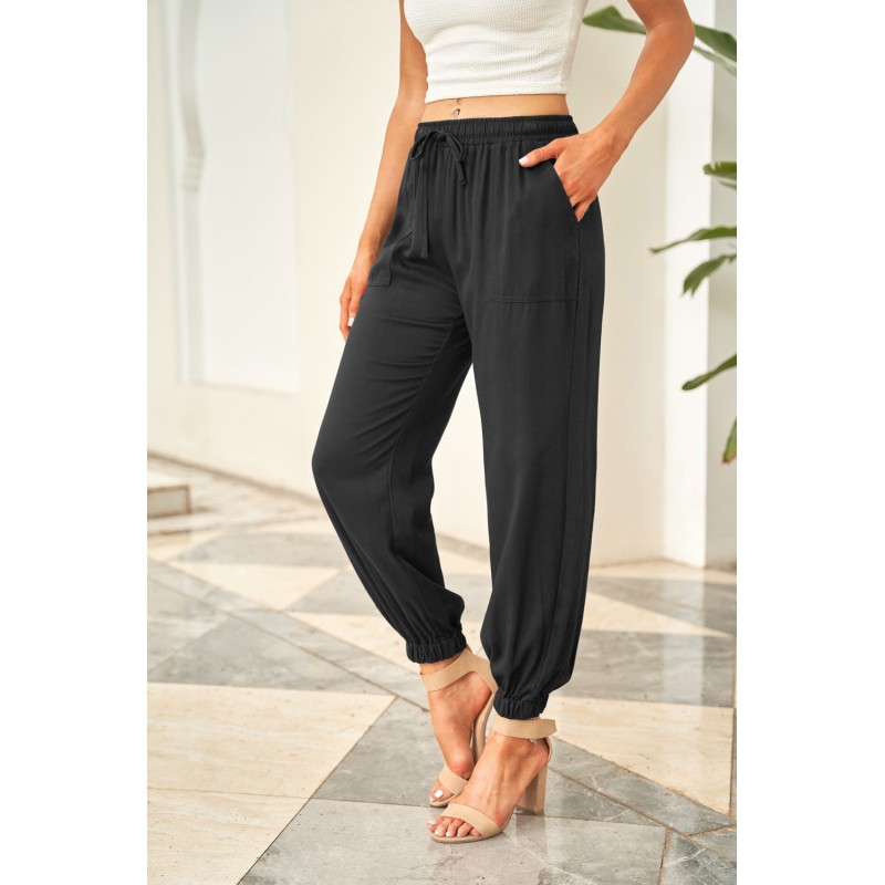 Black Drawstring Elastic Waist Pull-on Casual Pants with Pockets Black Drawstring Elastic Waist Pull-on Casual Pants with Pockets