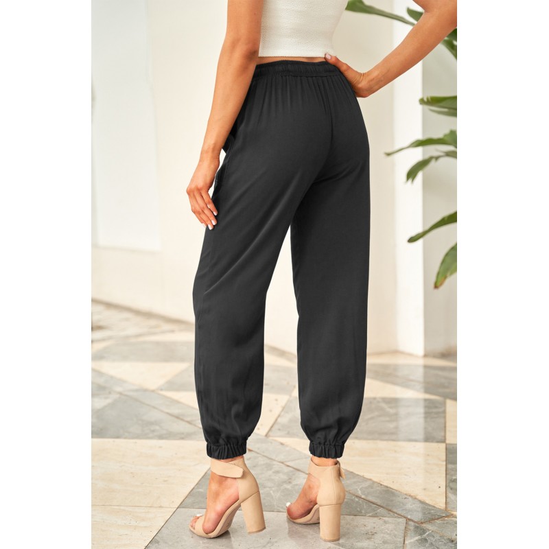 Black Drawstring Elastic Waist Pull-on Casual Pants with Pockets Black Drawstring Elastic Waist Pull-on Casual Pants with Pockets