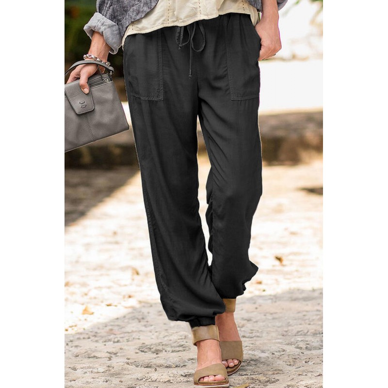 Black Drawstring Elastic Waist Pull-on Casual Pants with Pockets Black Drawstring Elastic Waist Pull-on Casual Pants with Pockets