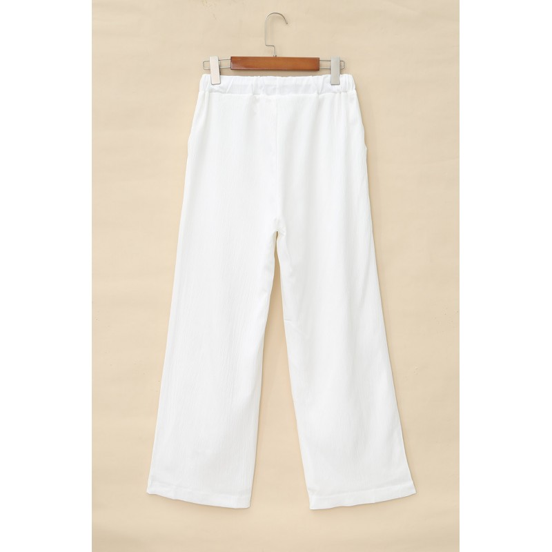 White Drawstring Waist Crinkled Wide Leg Pants White Drawstring Waist Crinkled Wide Leg Pants