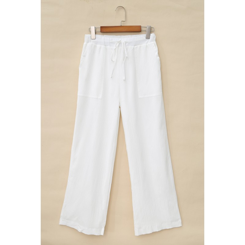 White Drawstring Waist Crinkled Wide Leg Pants White Drawstring Waist Crinkled Wide Leg Pants