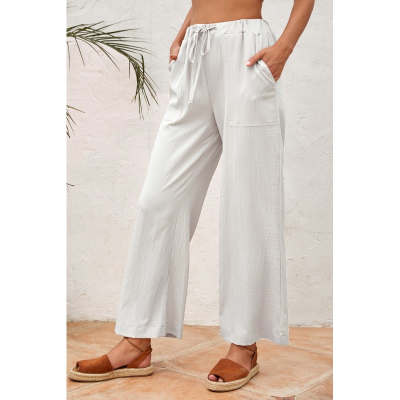 White Drawstring Waist Crinkled Wide Leg Pants White Drawstring Waist Crinkled Wide Leg Pants