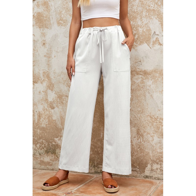 White Drawstring Waist Crinkled Wide Leg Pants White Drawstring Waist Crinkled Wide Leg Pants