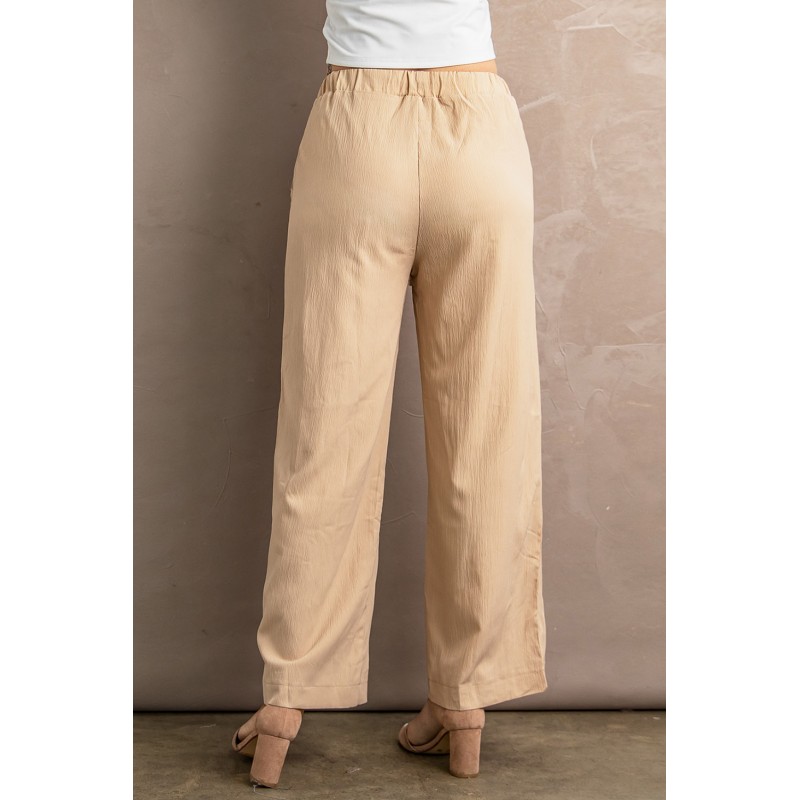 Khaki Drawstring Waist Crinkled Wide Leg Pants