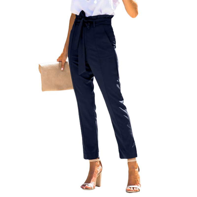 Blue Casual Paperbag Waist Straight Leg Pants with Belt Blue Casual Paperbag Waist Straight Leg Pants with Belt
