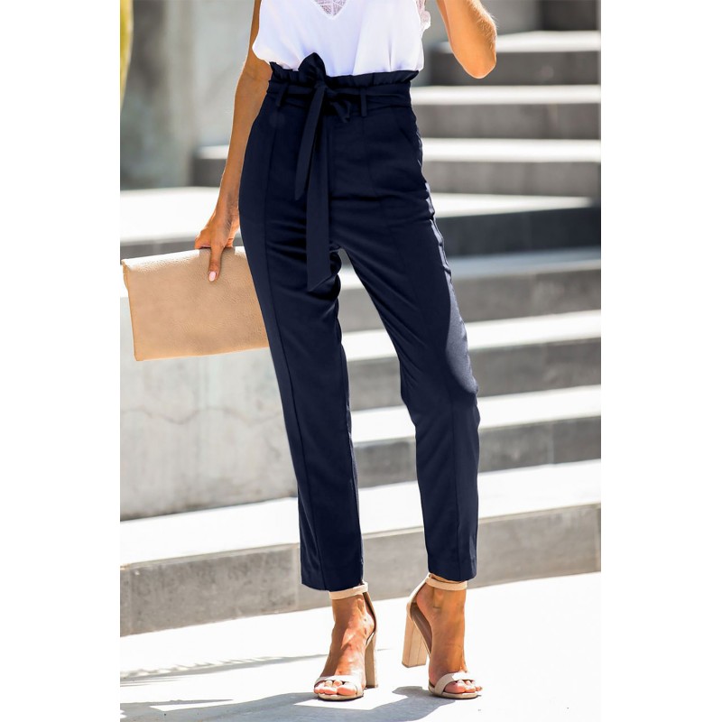 Blue Casual Paperbag Waist Straight Leg Pants with Belt Blue Casual Paperbag Waist Straight Leg Pants with Belt