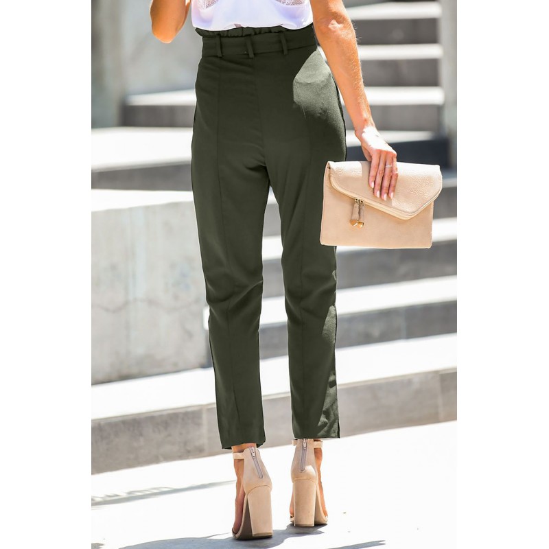 Green Casual Paperbag Waist Straight Leg Pants with Belt Green Casual Paperbag Waist Straight Leg Pants with Belt