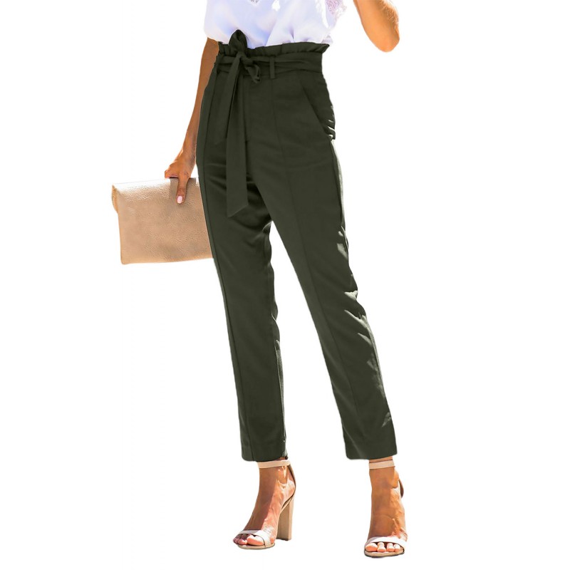 Green Casual Paperbag Waist Straight Leg Pants with Belt Green Casual Paperbag Waist Straight Leg Pants with Belt