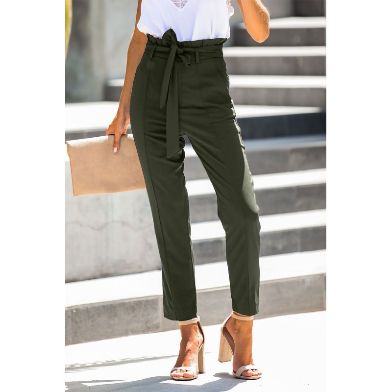 Green Casual Paperbag Waist Straight Leg Pants with Belt Green Casual Paperbag Waist Straight Leg Pants with Belt