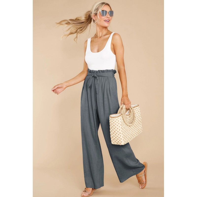Gray Casual High Rise Paperbag Waist Wide Leg Pants Gray Casual High Rise Paperbag Waist Wide Leg Pants
