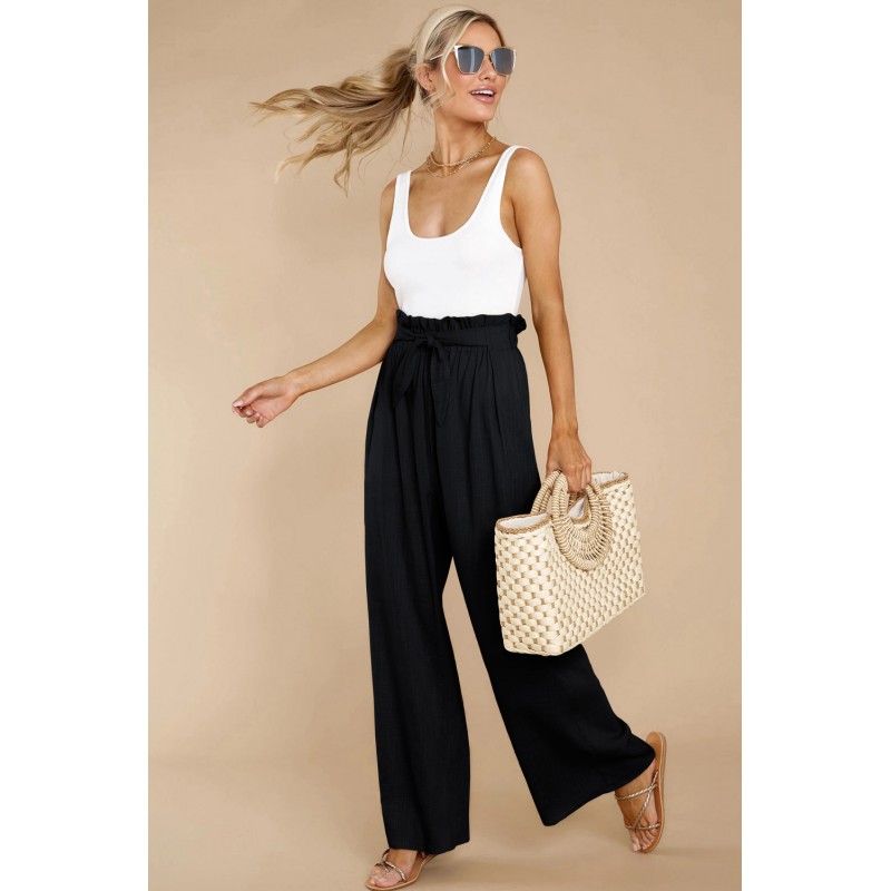 Black Casual High Rise Paperbag Waist Wide Leg Pants Black Casual High Rise Paperbag Waist Wide Leg Pants