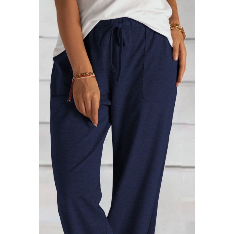 Blue Khaki Loose Drawstring Waist Knit Pants with Pockets Blue Khaki Loose Drawstring Waist Knit Pants with Pockets
