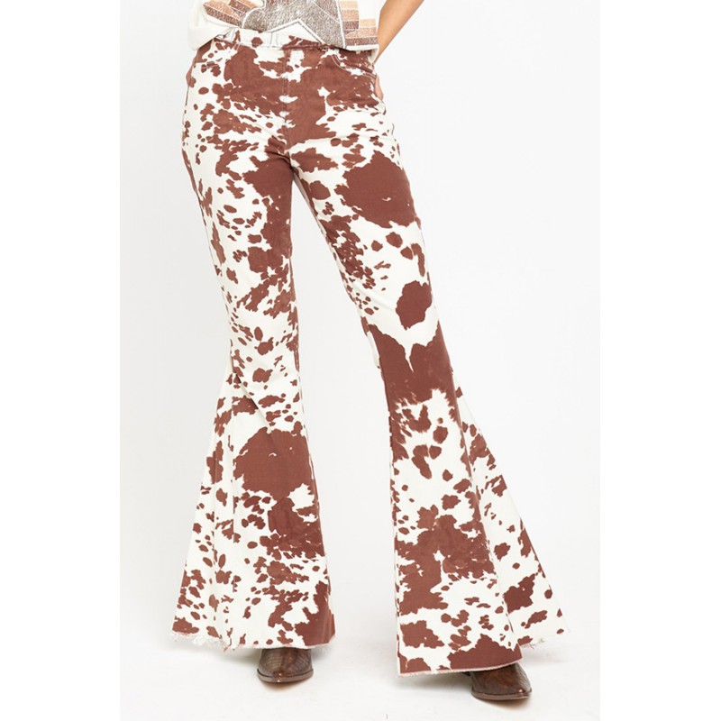 Brown Cow Print High Waisted Flared Pants Brown Cow Print High Waisted Flared Pants