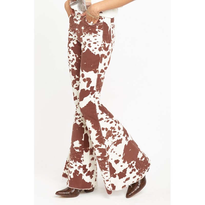 Brown Cow Print High Waisted Flared Pants Brown Cow Print High Waisted Flared Pants