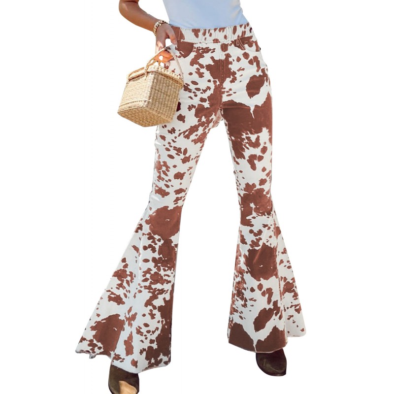 Brown Cow Print High Waisted Flared Pants Brown Cow Print High Waisted Flared Pants