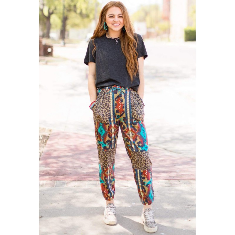 Aztec Leopard Patchwork High Waist Slim-fit Pants