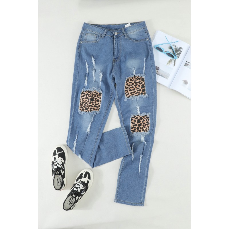 Leopard Print Stitching Ripped Skinny Jeans Leopard Print Stitching Ripped Skinny Jeans