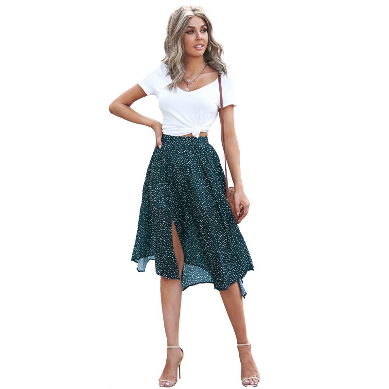 Green Fashion Print Side Slit Pleated Maxi Skirt Green Fashion Print Side Slit Pleated Maxi Skirt