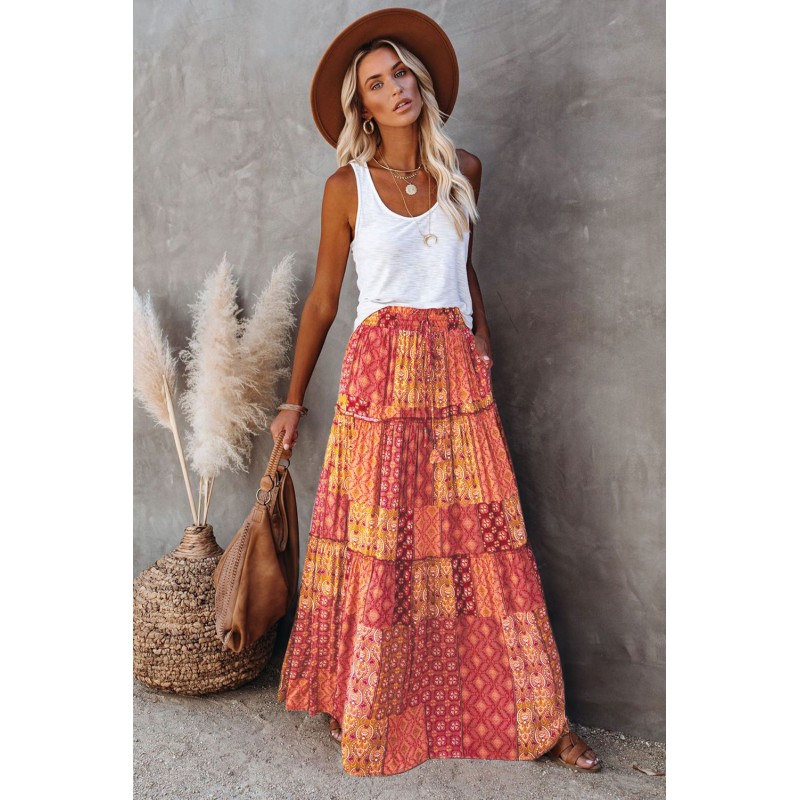 Orange Tiered Paisley Print Pocketed Maxi Skirt Orange Tiered Paisley Print Pocketed Maxi Skirt