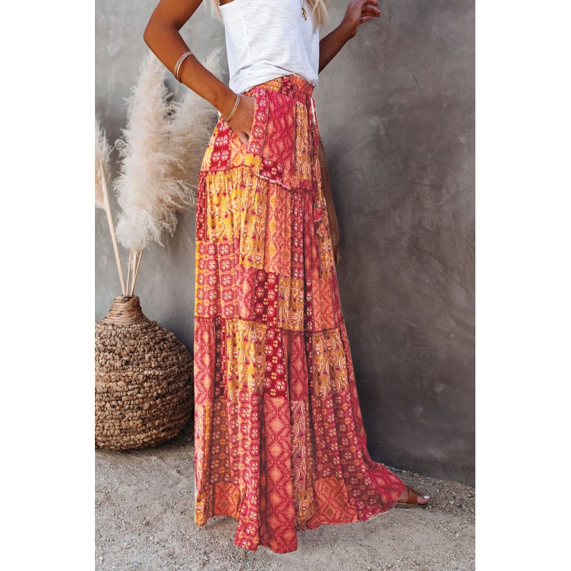 Orange Tiered Paisley Print Pocketed Maxi Skirt Orange Tiered Paisley Print Pocketed Maxi Skirt