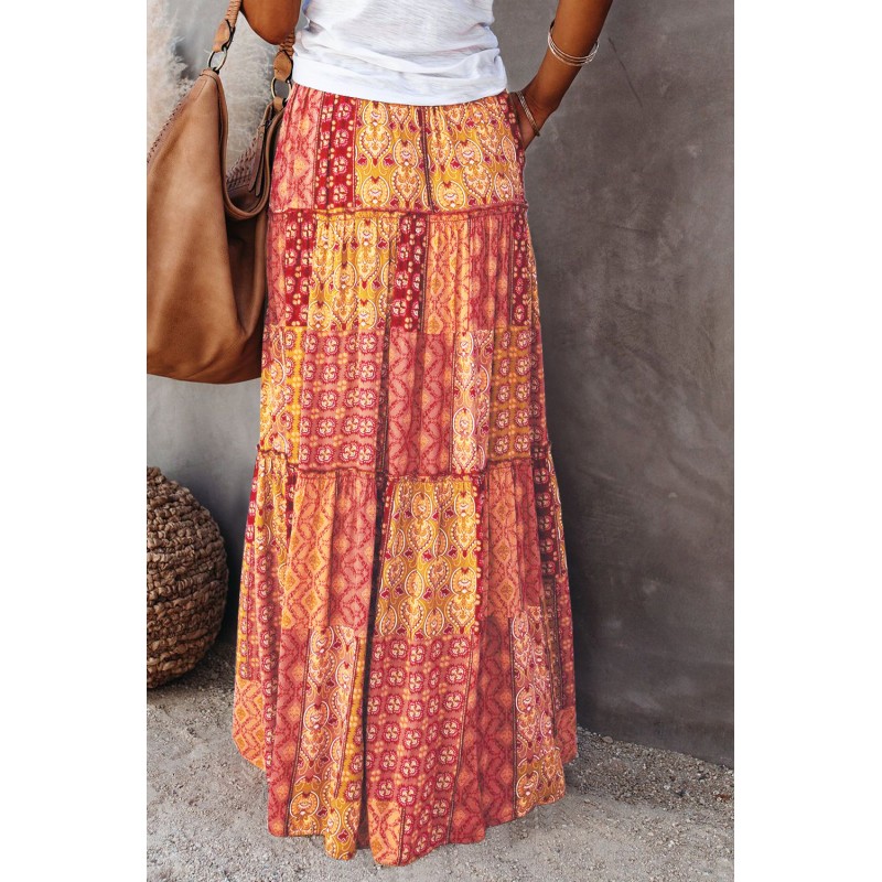 Orange Tiered Paisley Print Pocketed Maxi Skirt Orange Tiered Paisley Print Pocketed Maxi Skirt