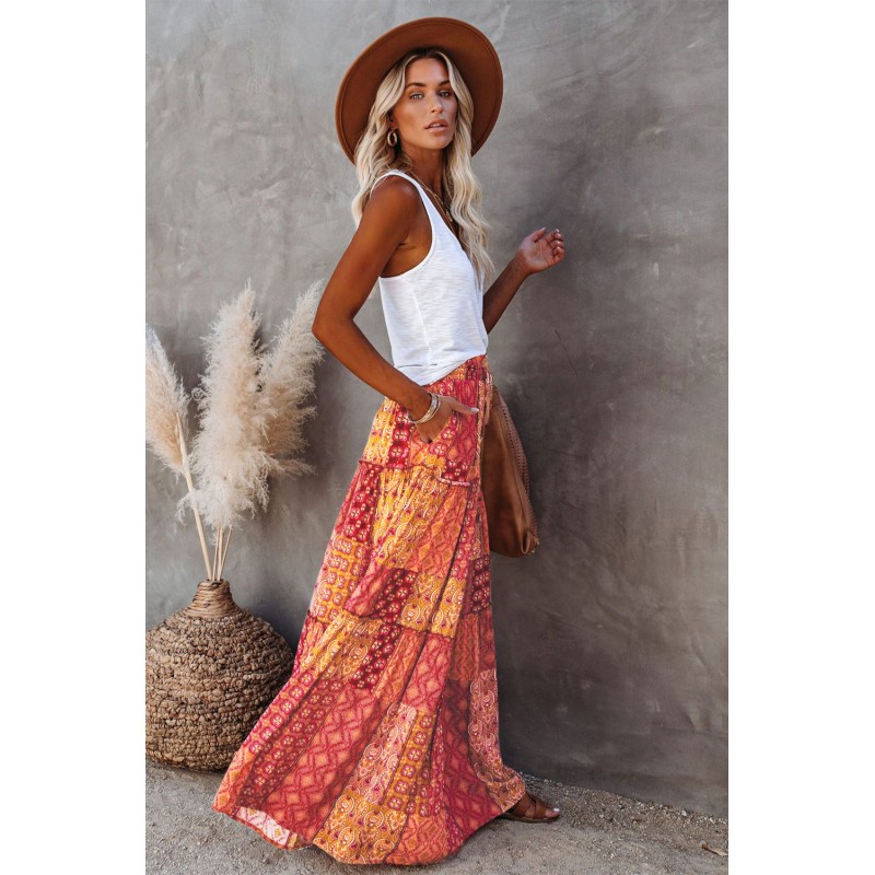 Orange Tiered Paisley Print Pocketed Maxi Skirt Orange Tiered Paisley Print Pocketed Maxi Skirt