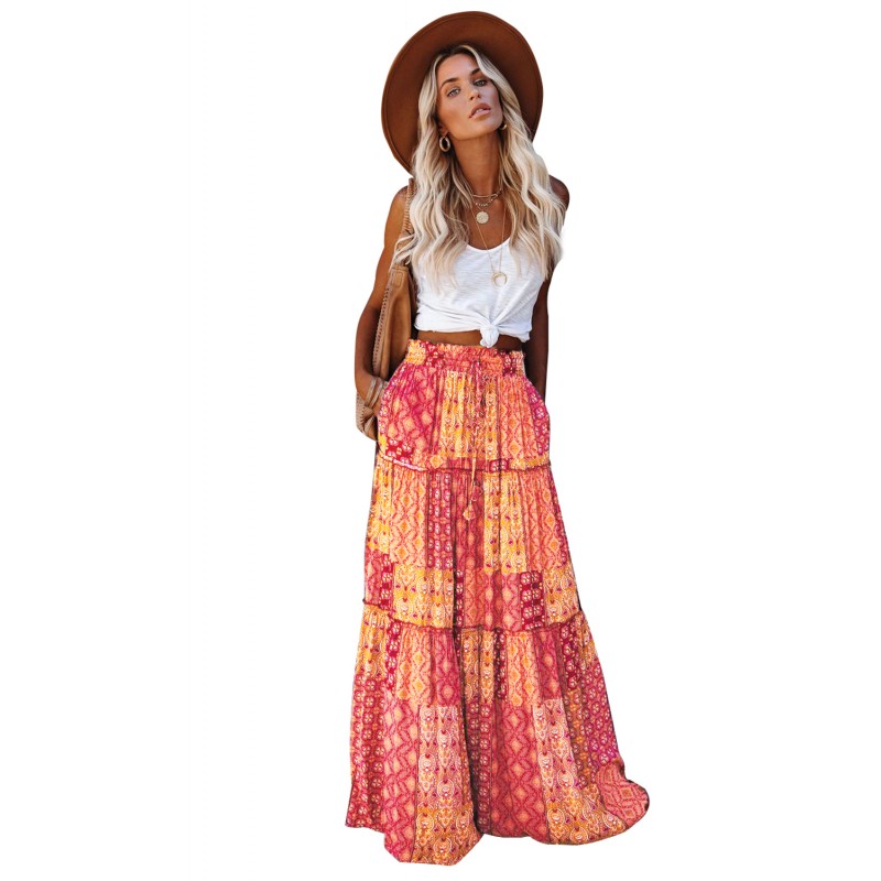 Orange Tiered Paisley Print Pocketed Maxi Skirt Orange Tiered Paisley Print Pocketed Maxi Skirt