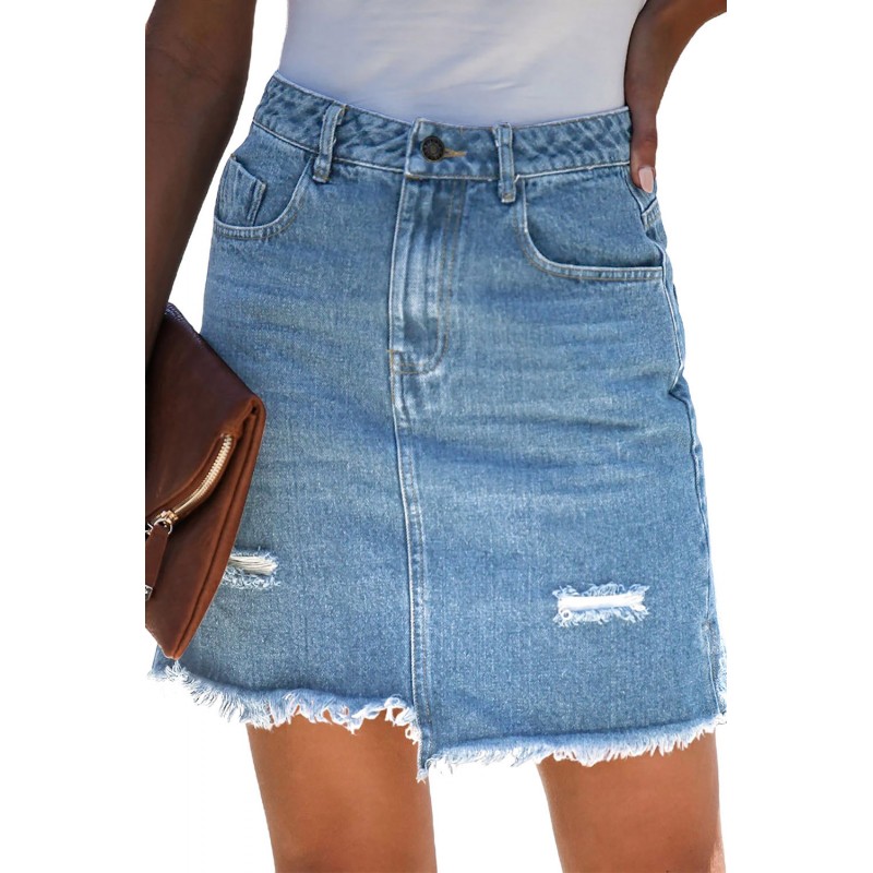 Sky Blue Pocketed Raw Hemline Short Denim Skirt Sky Blue Pocketed Raw Hemline Short Denim Skirt