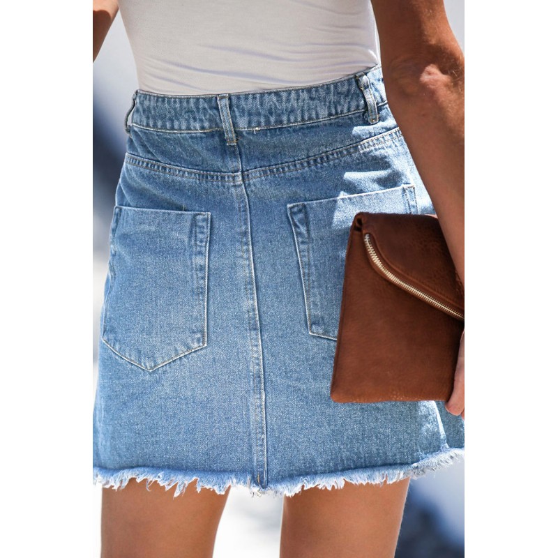 Sky Blue Pocketed Raw Hemline Short Denim Skirt Sky Blue Pocketed Raw Hemline Short Denim Skirt