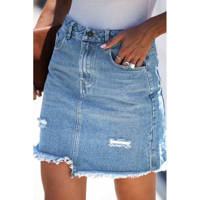 Sky Blue Pocketed Raw Hemline Short Denim Skirt Sky Blue Pocketed Raw Hemline Short Denim Skirt