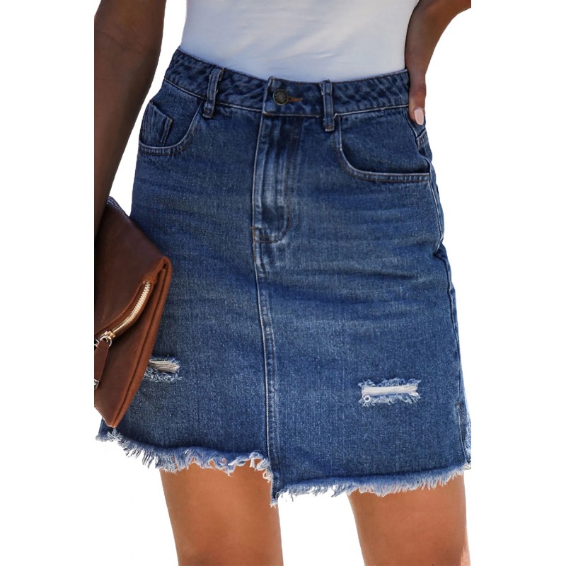Blue Pocketed Raw Hemline Short Denim Skirt Blue Pocketed Raw Hemline Short Denim Skirt
