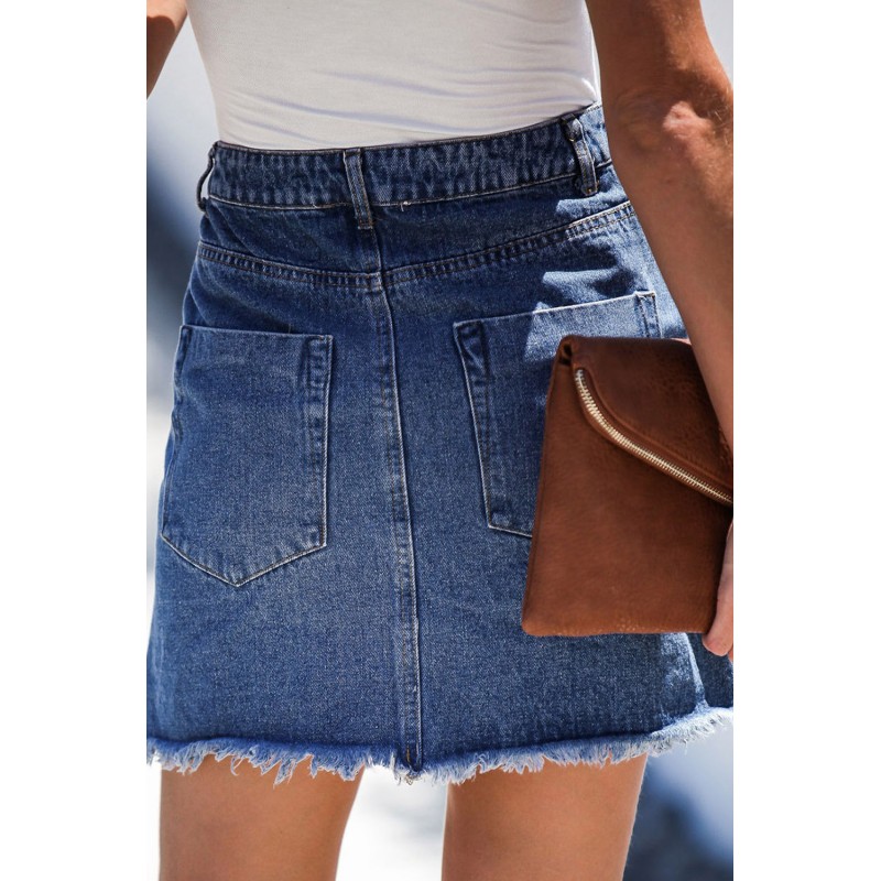 Blue Pocketed Raw Hemline Short Denim Skirt Blue Pocketed Raw Hemline Short Denim Skirt