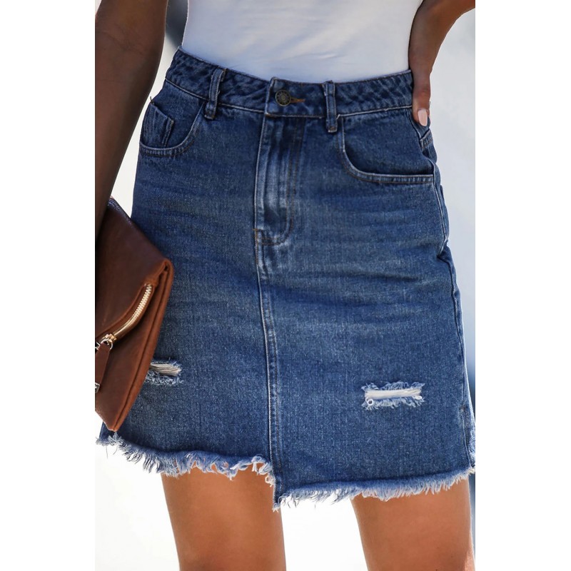 Blue Pocketed Raw Hemline Short Denim Skirt Blue Pocketed Raw Hemline Short Denim Skirt