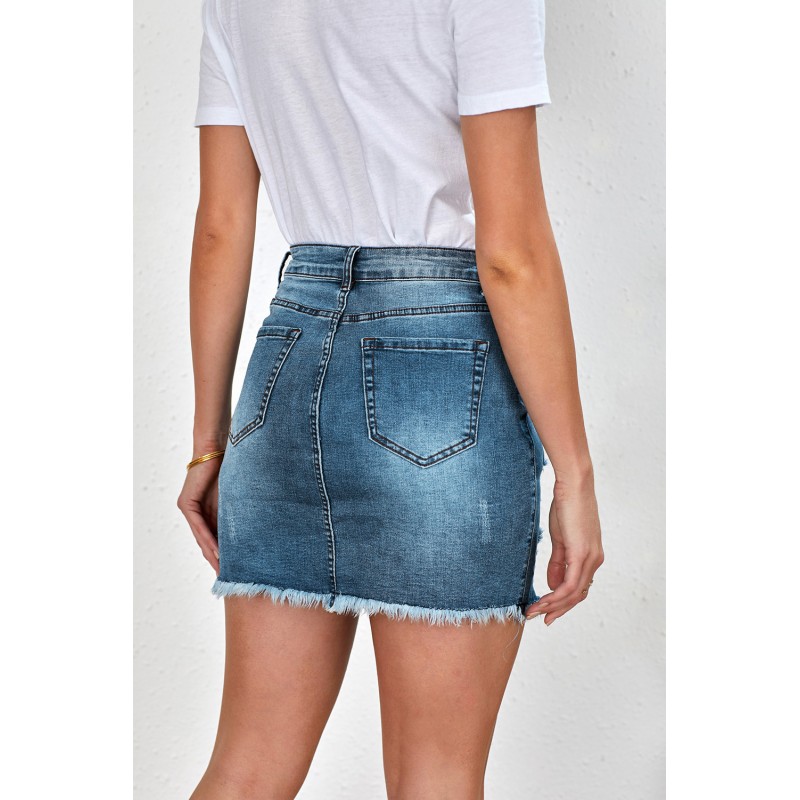 Blue Distressed Raw Hem Denim Mini Skirt Blue Distressed Raw Hem Denim Mini Skirt