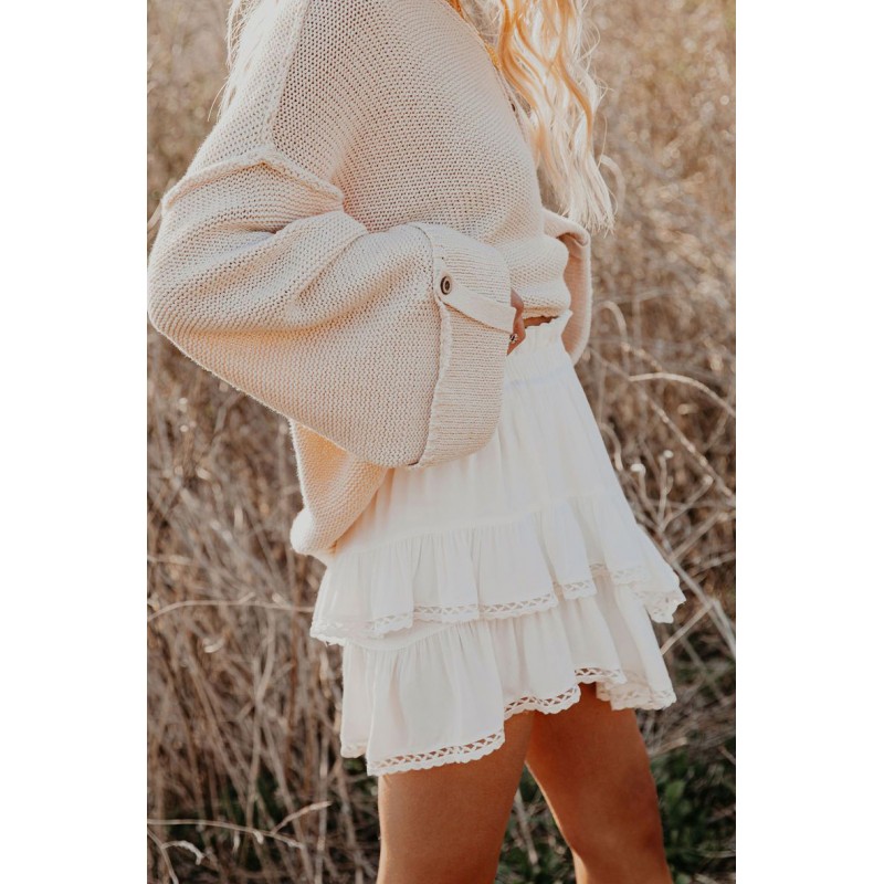 White Solid Color High Waist Tiered Crochet Ruffle Mini Skirt White Solid Color High Waist Tiered Crochet Ruffle Mini Skirt