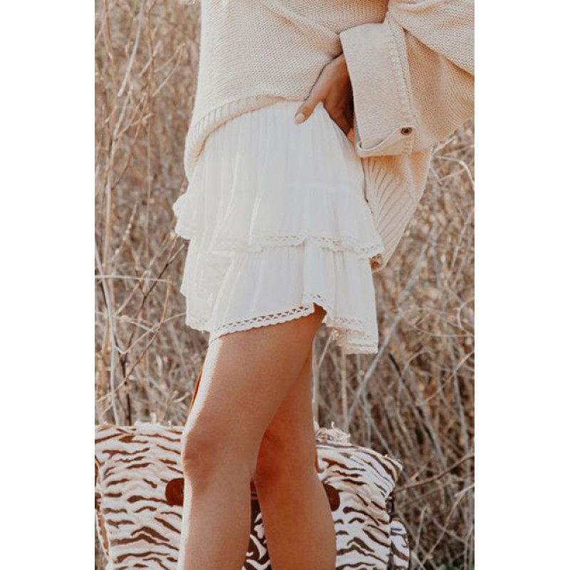White Solid Color High Waist Tiered Crochet Ruffle Mini Skirt White Solid Color High Waist Tiered Crochet Ruffle Mini Skirt