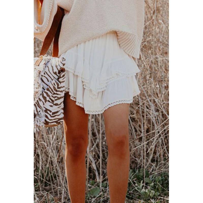 White Solid Color High Waist Tiered Crochet Ruffle Mini Skirt White Solid Color High Waist Tiered Crochet Ruffle Mini Skirt