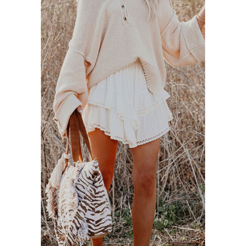 White Solid Color High Waist Tiered Crochet Ruffle Mini Skirt White Solid Color High Waist Tiered Crochet Ruffle Mini Skirt