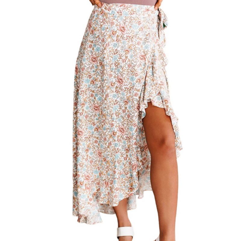 Wrap Style High-low Ruffle Hemline Floral Skirt Wrap Style High-low Ruffle Hemline Floral Skirt