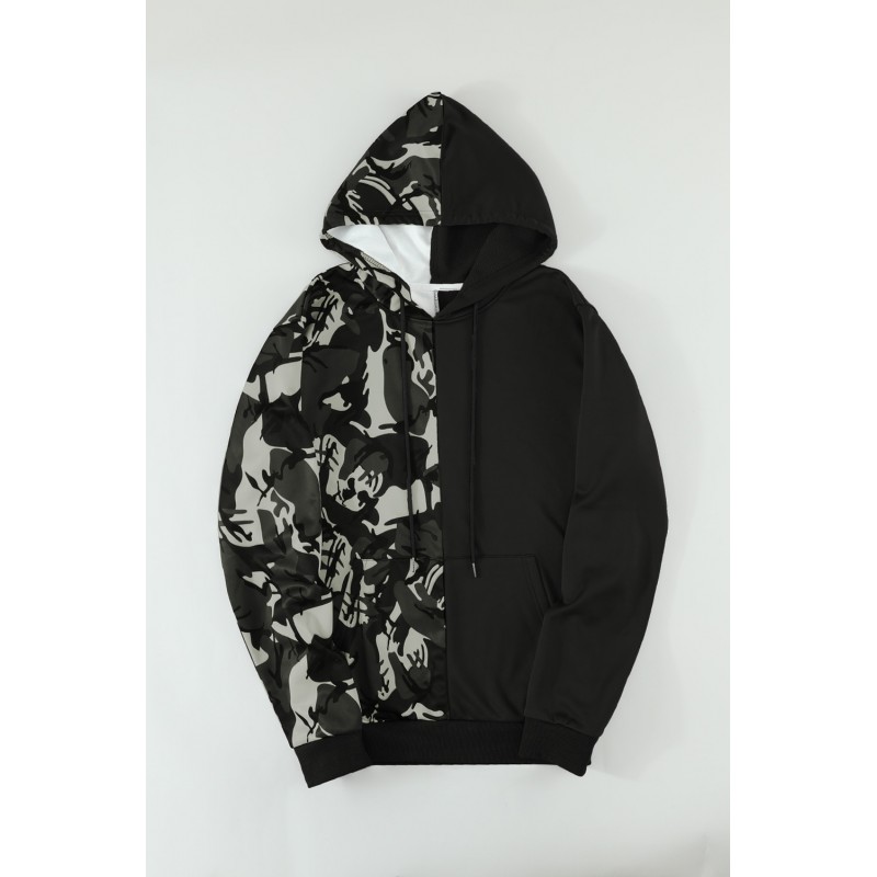 Black Camo Colorblock Men's Hoodie with Kangaroo Pocket