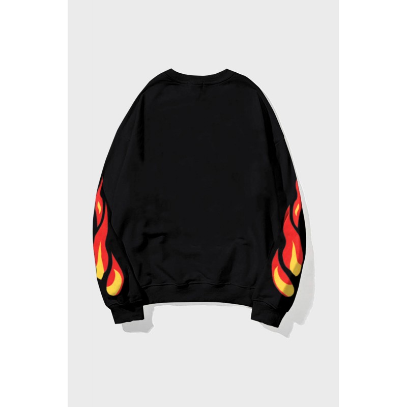 Black Letters Flame Print Crew Neck Men's Graphic Sweatshirt Black Letters Flame Print Crew Neck Men's Graphic Sweatshirt