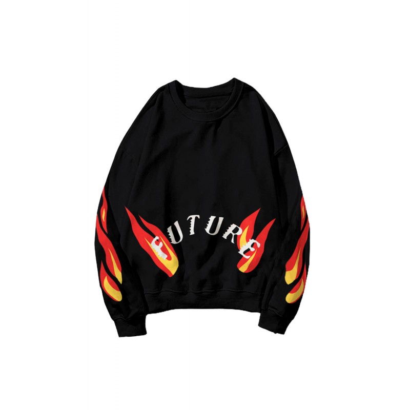 Black Letters Flame Print Crew Neck Men's Graphic Sweatshirt Black Letters Flame Print Crew Neck Men's Graphic Sweatshirt