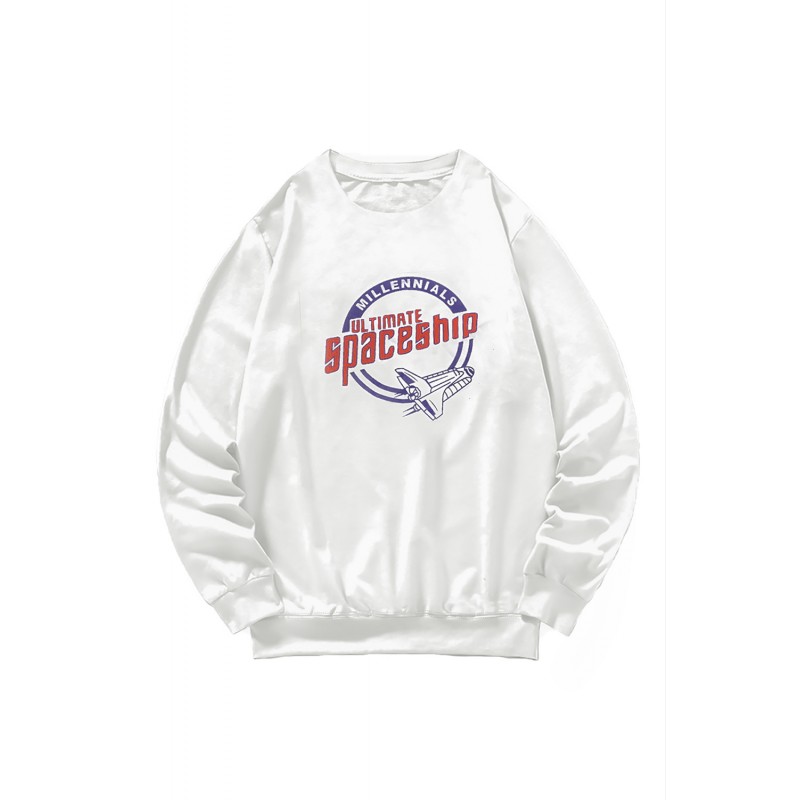 White Crew Neck Spaceship Graphic Men's Pullover Sweatshirt White Crew Neck Spaceship Graphic Men's Pullover Sweatshirt