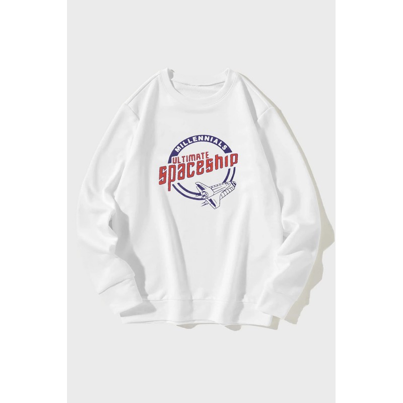 White Crew Neck Spaceship Graphic Men's Pullover Sweatshirt White Crew Neck Spaceship Graphic Men's Pullover Sweatshirt