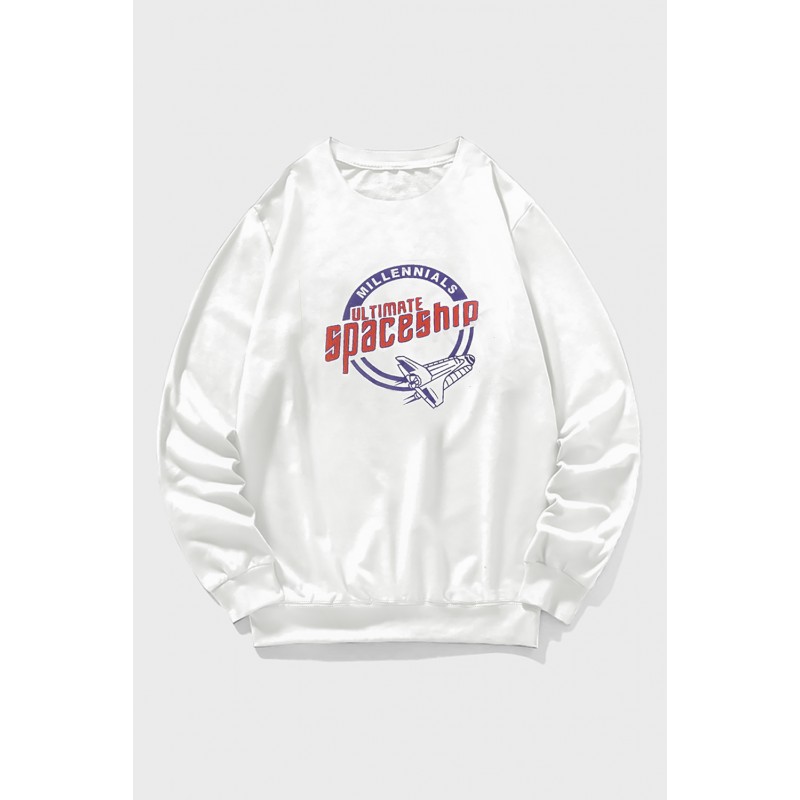 White Crew Neck Spaceship Graphic Men's Pullover Sweatshirt White Crew Neck Spaceship Graphic Men's Pullover Sweatshirt
