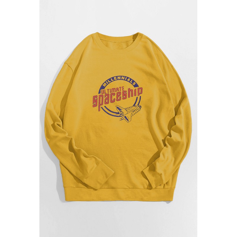 Yellow Crew Neck Spaceship Graphic Men's Pullover Sweatshirt Yellow Crew Neck Spaceship Graphic Men's Pullover Sweatshirt