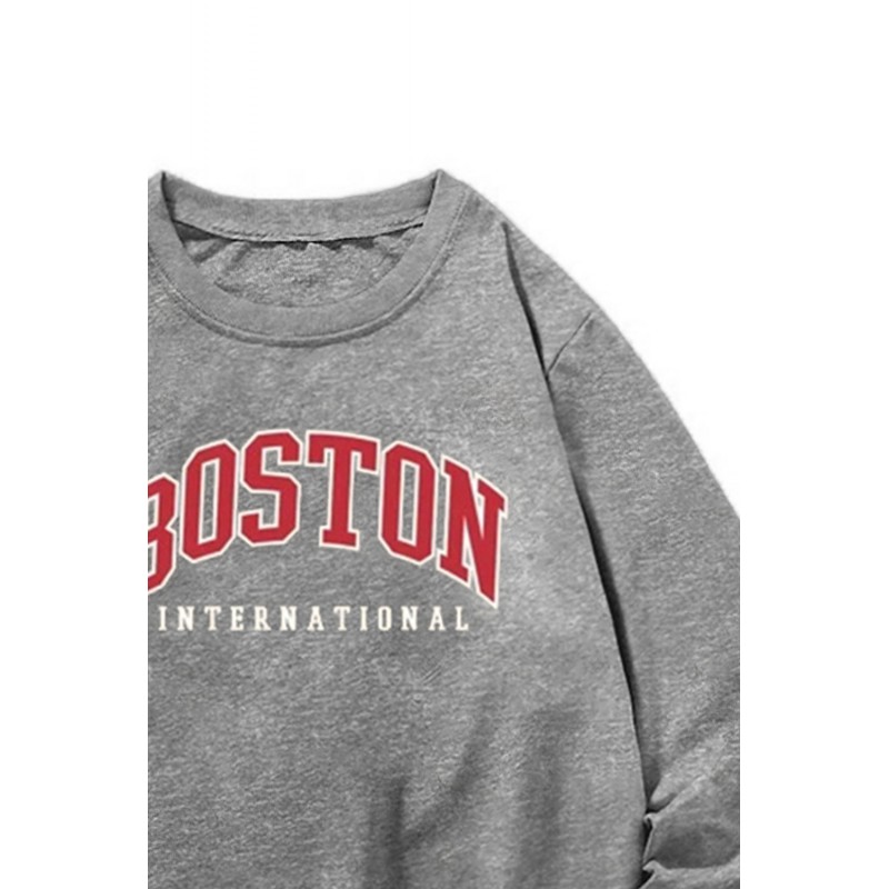 Gray BOSTON Letters Print Crew Neck Men's Pullover Sweatshirt Gray BOSTON Letters Print Crew Neck Men's Pullover Sweatshirt