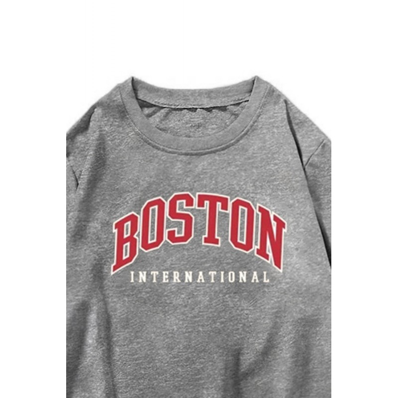 Gray BOSTON Letters Print Crew Neck Men's Pullover Sweatshirt Gray BOSTON Letters Print Crew Neck Men's Pullover Sweatshirt