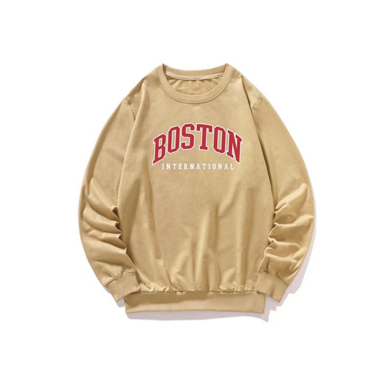 Khaki BOSTON Letters Print Crew Neck Men's Pullover Sweatshirt Khaki BOSTON Letters Print Crew Neck Men's Pullover Sweatshirt